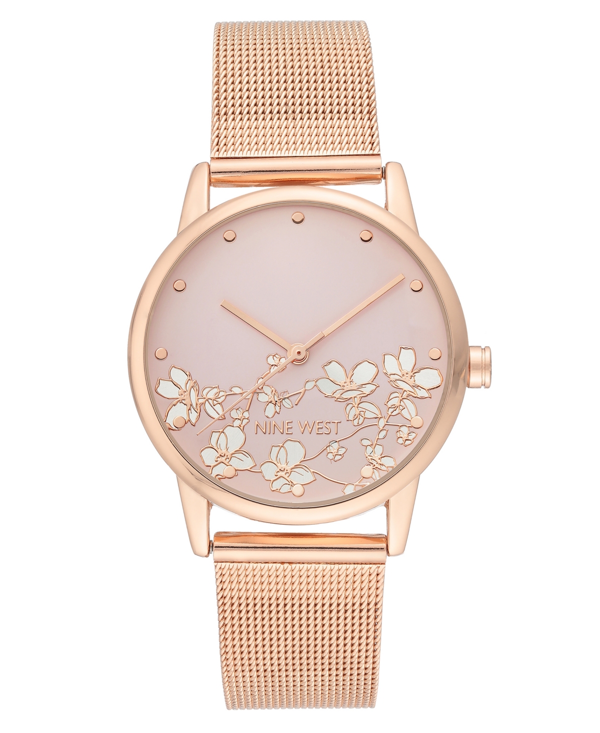 Nine West Women's Quartz Rose Gold-tone Stainless Steel Mesh Band And Flower Pattern Watch, 35mm