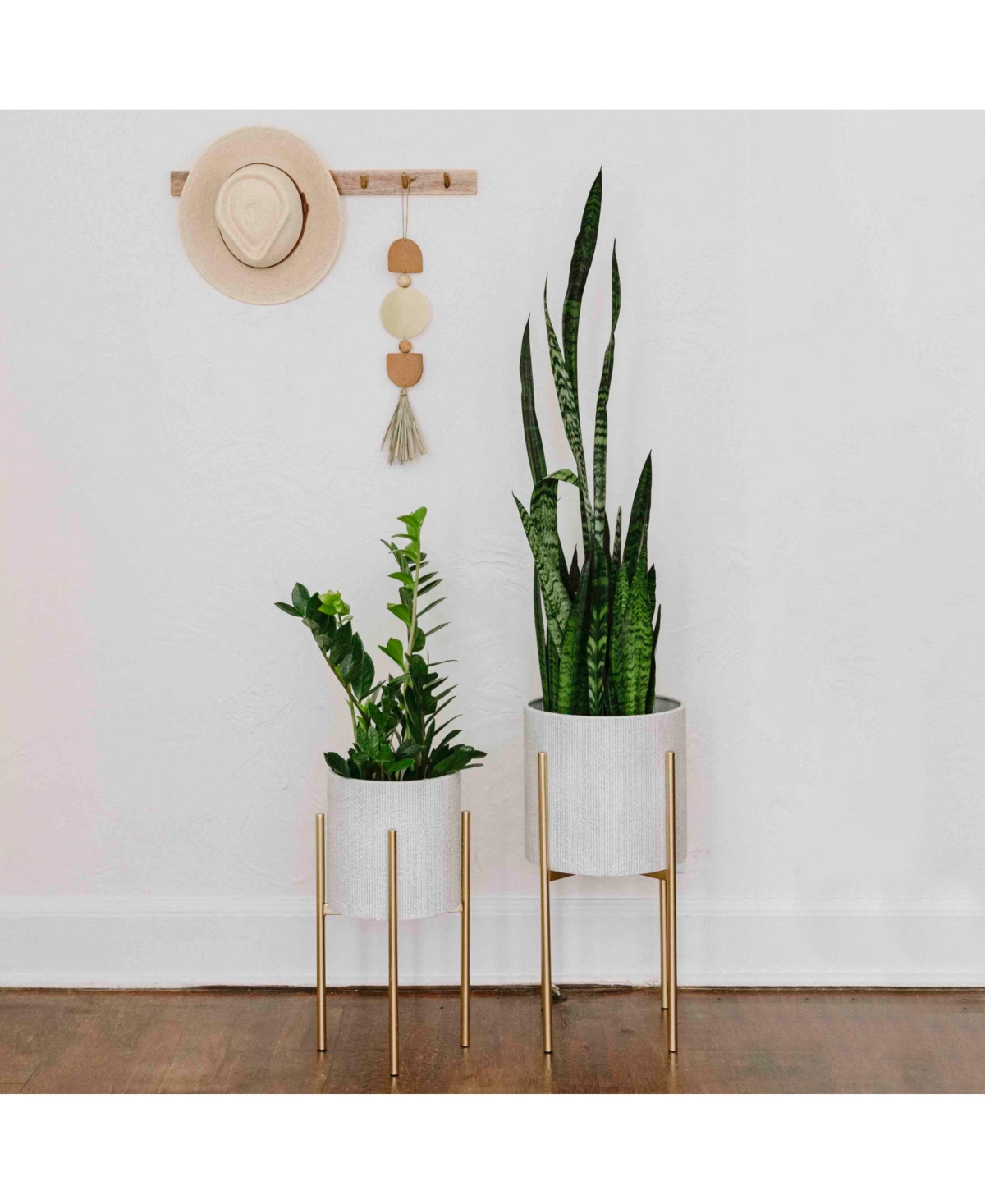 Storied Home Modern Boho Embossed Metal Planters With Stands In White