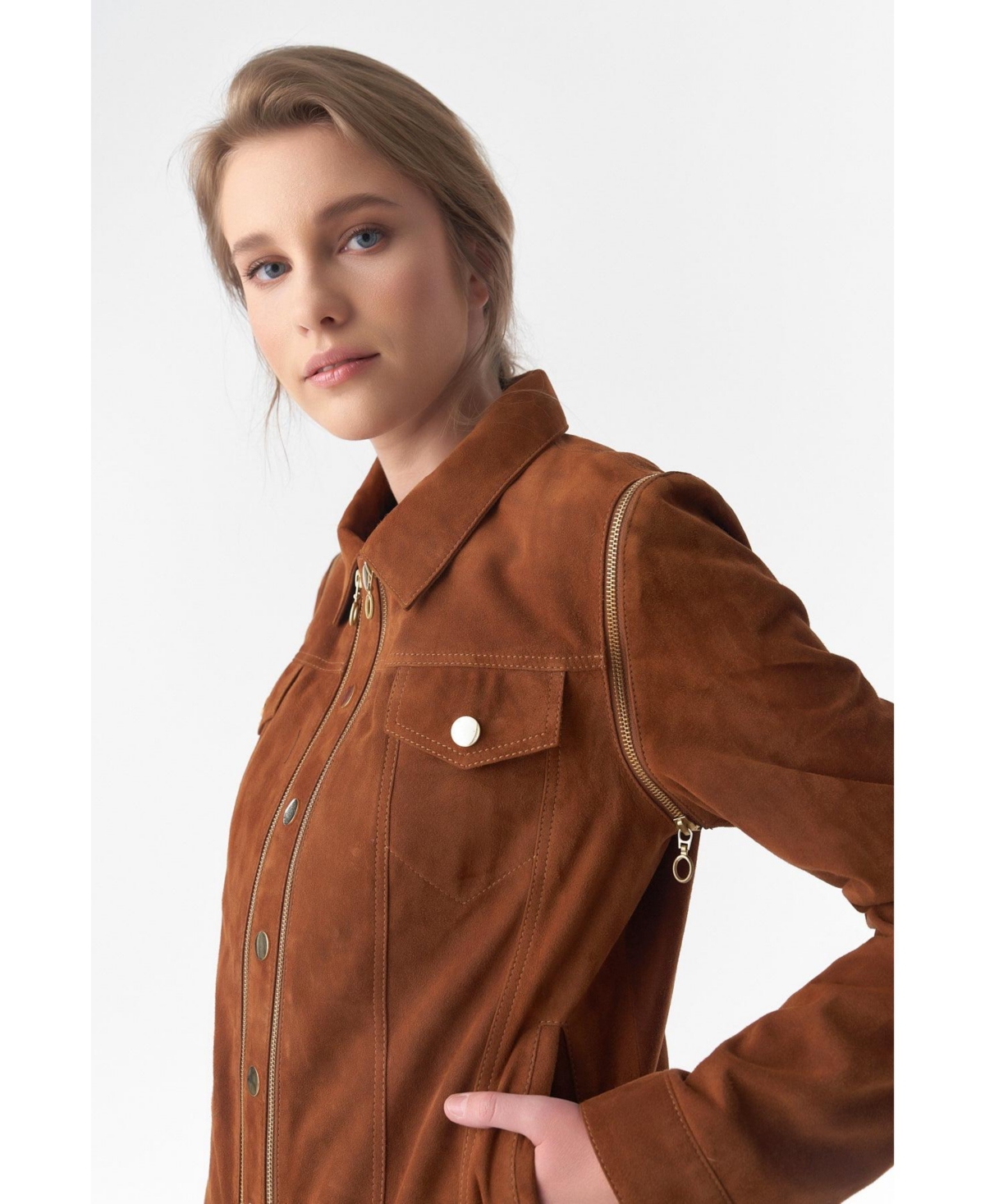 Furniq Uk Women's Detachable Sleeves Suede Biker Jacket and Waistcoat,- Tan