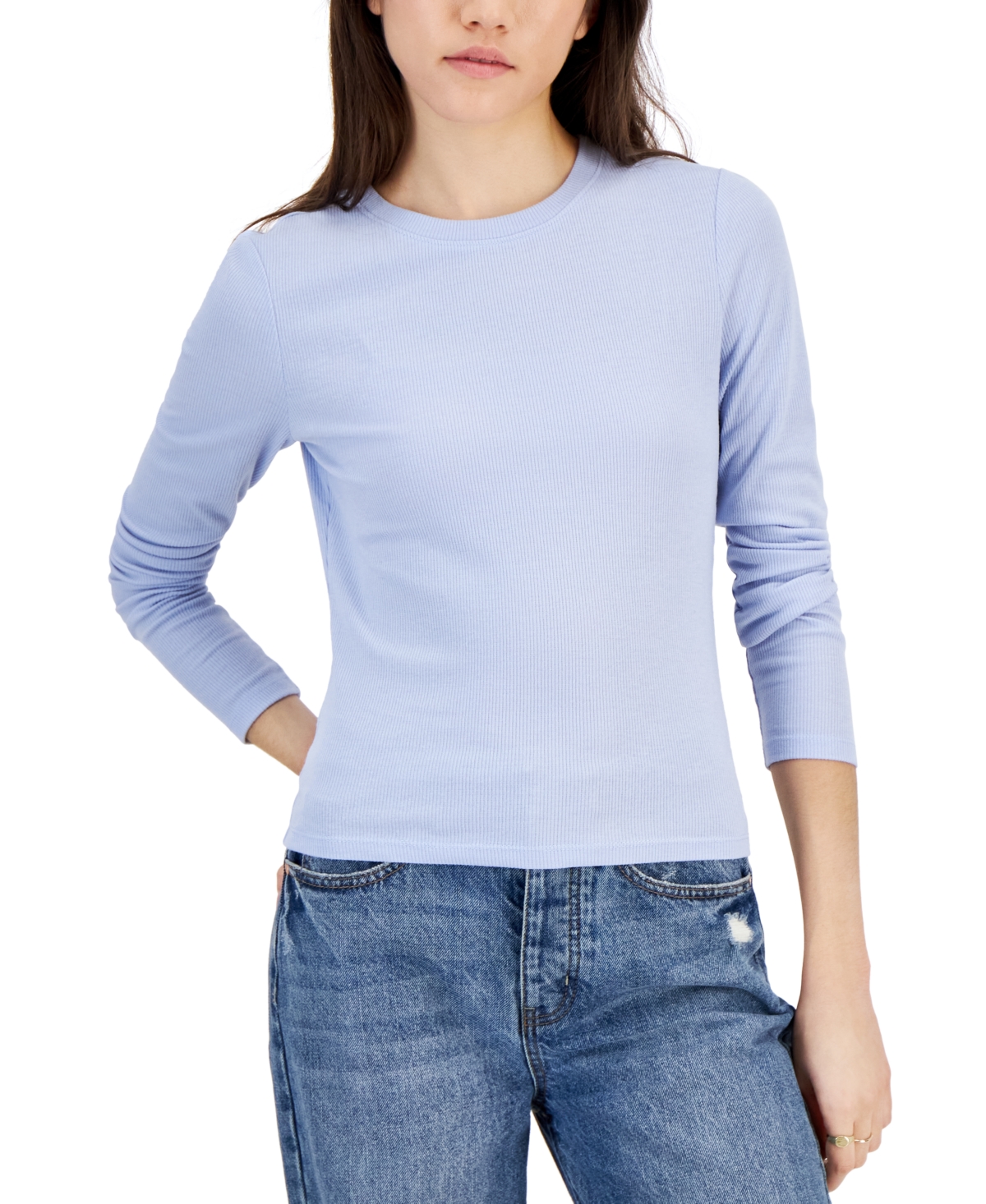 Self Esteem Juniors' Cozy Crewneck Rib-knit Long-sleeve Top In Hayden Blue