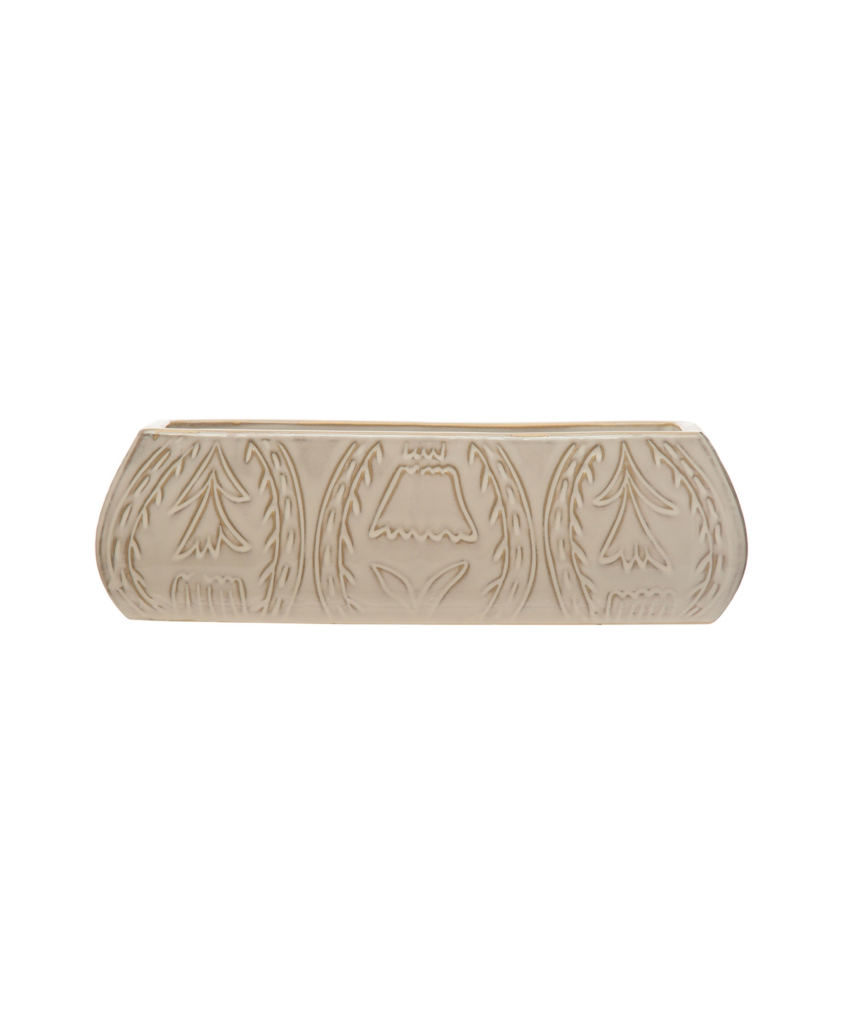 Stoneware Planter with Etched Flower Design - White
