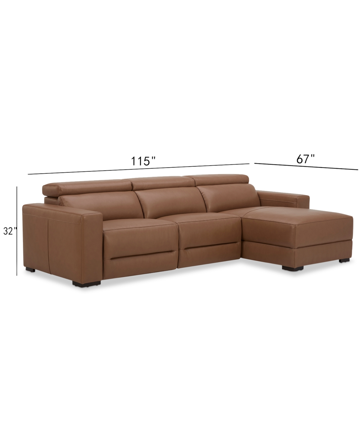 Nevio 3-Pc. Leather Sectional with 1 Power Recliner, Headrests and Chaise, Created For Macy's