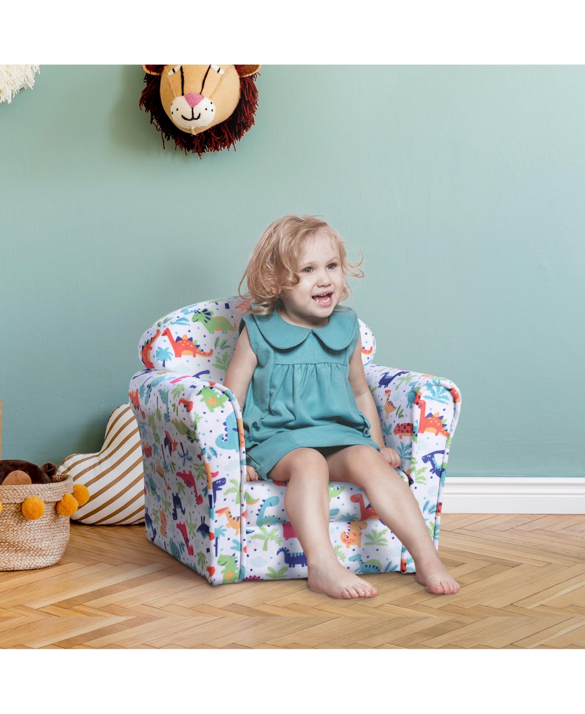 Qaba Kid's Sofa Chair with Dinosaur Design and Thick Padding, Flannel-Covered Toddler Armchair for Bedroom, Playroom
