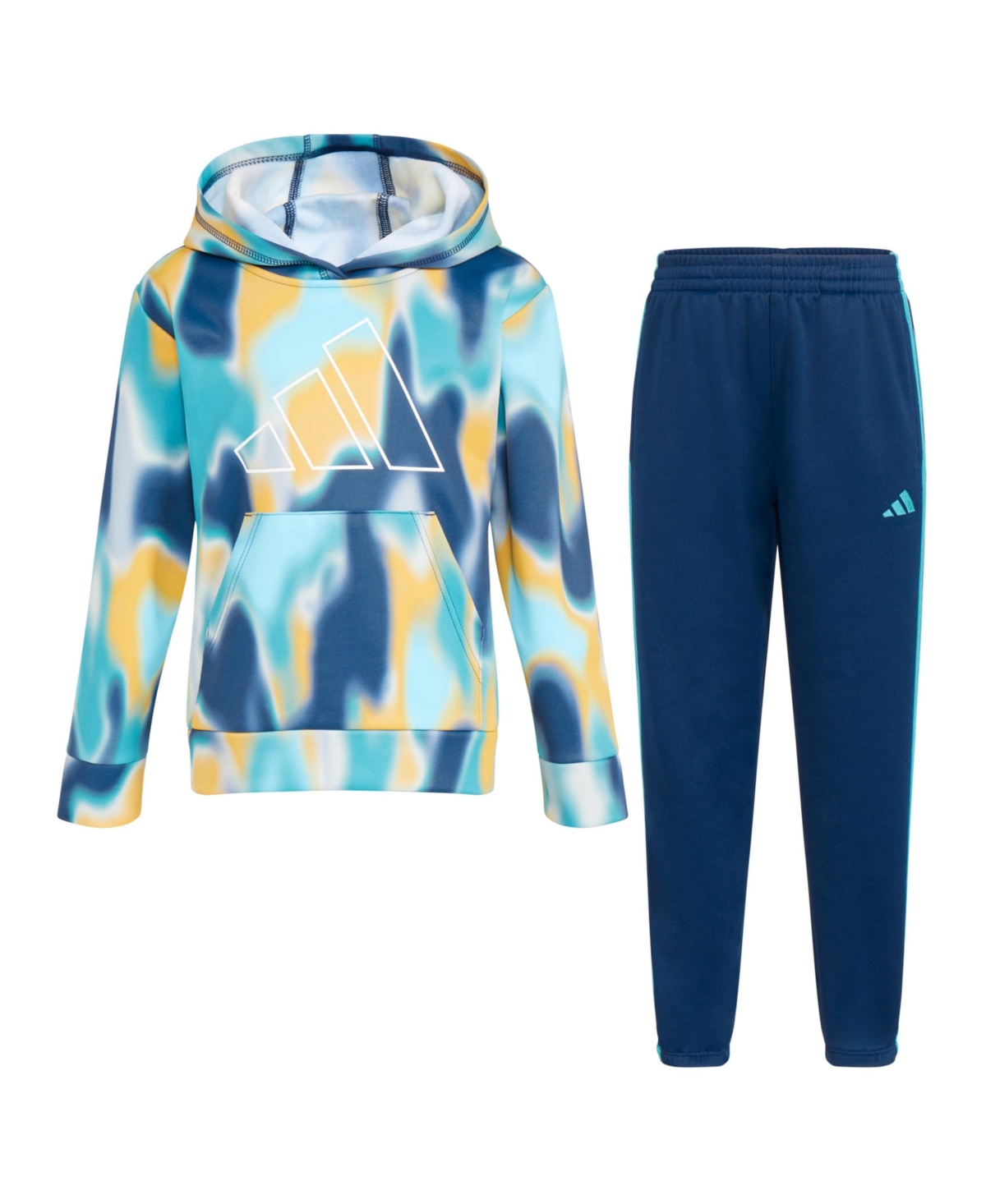 Shop Adidas Originals Little Boys Printed Polyester Fleece Pullover Hoodie And Jogger Pants, 2 Piece Set In Collegiate Navy With Pulse Aqua