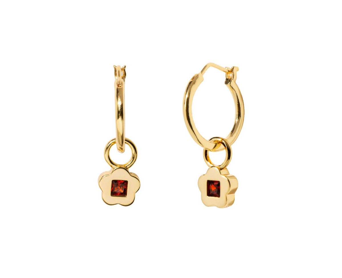 Women's 14K Gold Plated Earrings Garnet Flower Hoops - Gold