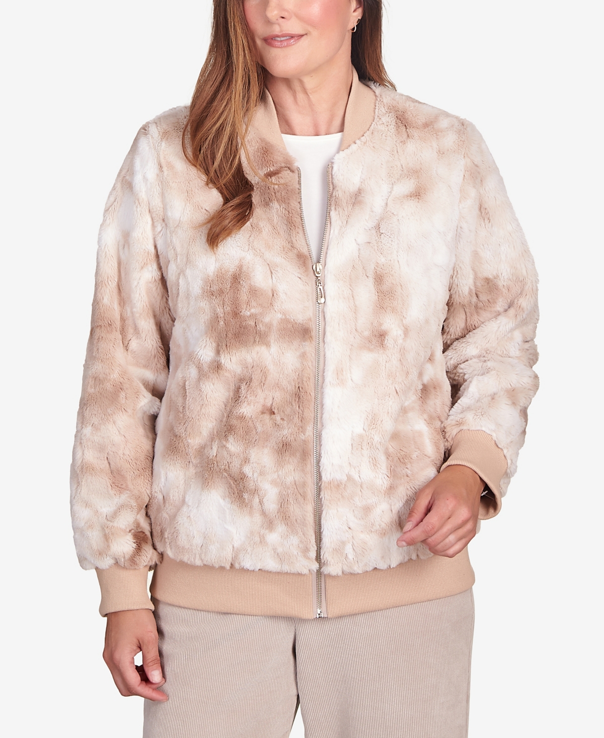 Alfred Dunner Petite St.moritz Zip Up Space Dye Faux Fur Bomber Style Jacket In Fawn