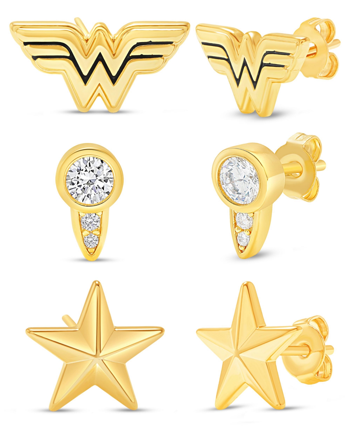 Wonder Woman Gold Plated Stud Earrings Set - 3 Pairs - Gold tone