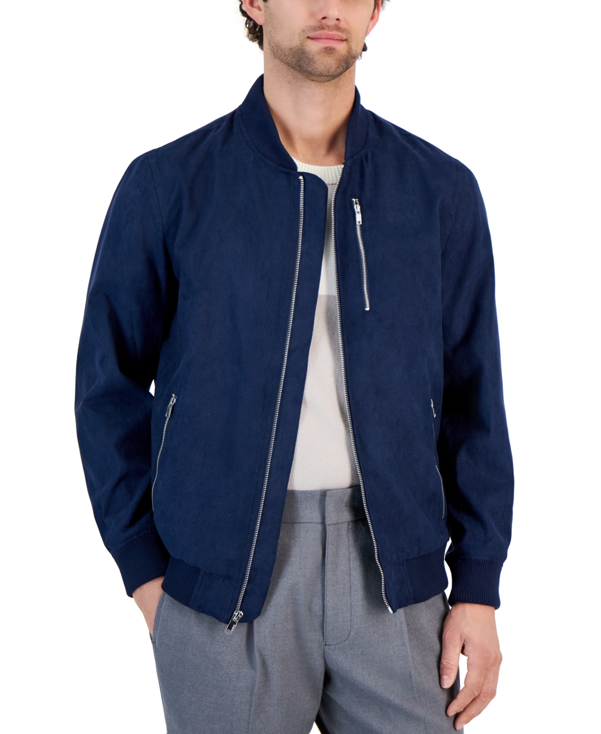 Alfani Men's Perforated Bomber Jacket, Created For Macy's In Neo Navy