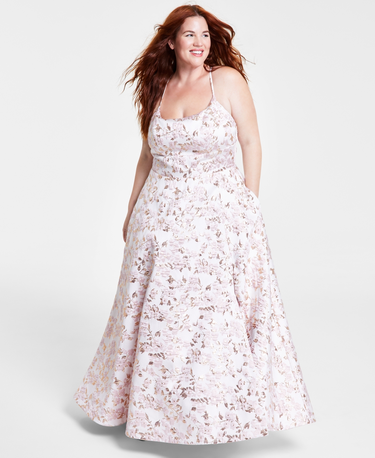 Trendy Plus Size Metallic-Jacquard Sleeveless Gown - off-white/pink/gold