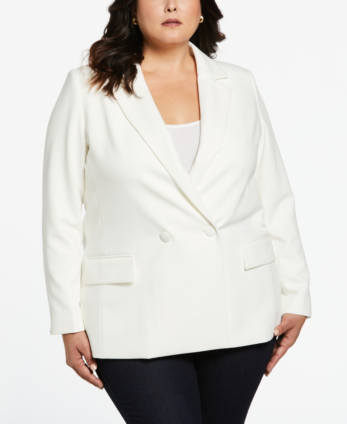 Plus Size Double Breasted Gabardine Blazer Jacket - Star White