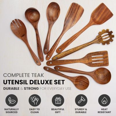 9-Piece Natural Teak Wooden Utensils for Cooking