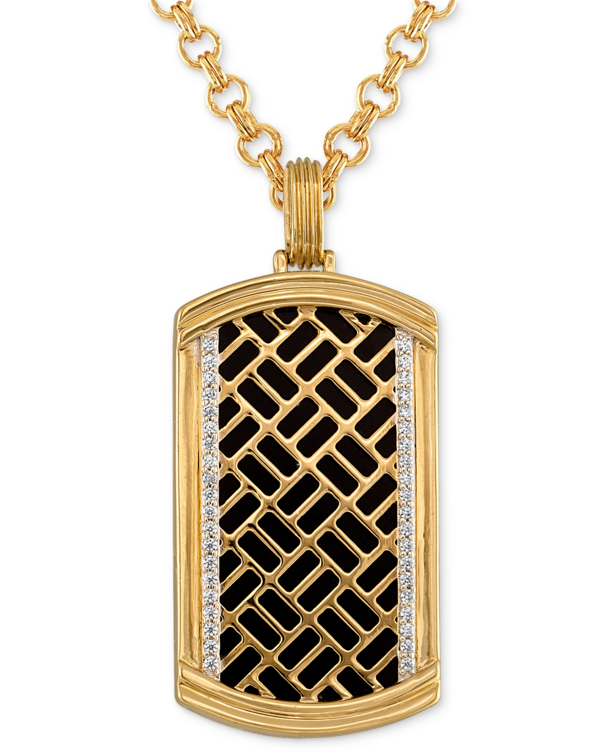 Onyx & Diamond (1/4 ct. t.w.) Brick Pattern Dog Tag 22" Pendant Necklace in 14k Gold-Plated Sterling Silver, Created for Macy's