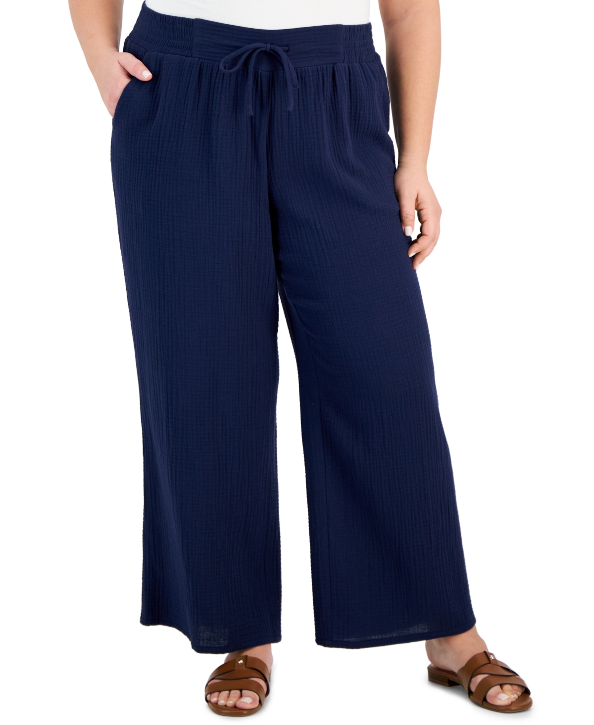 Plus Size Gauze Drawstring Pants, Created for Macy's - Intrepid Blue