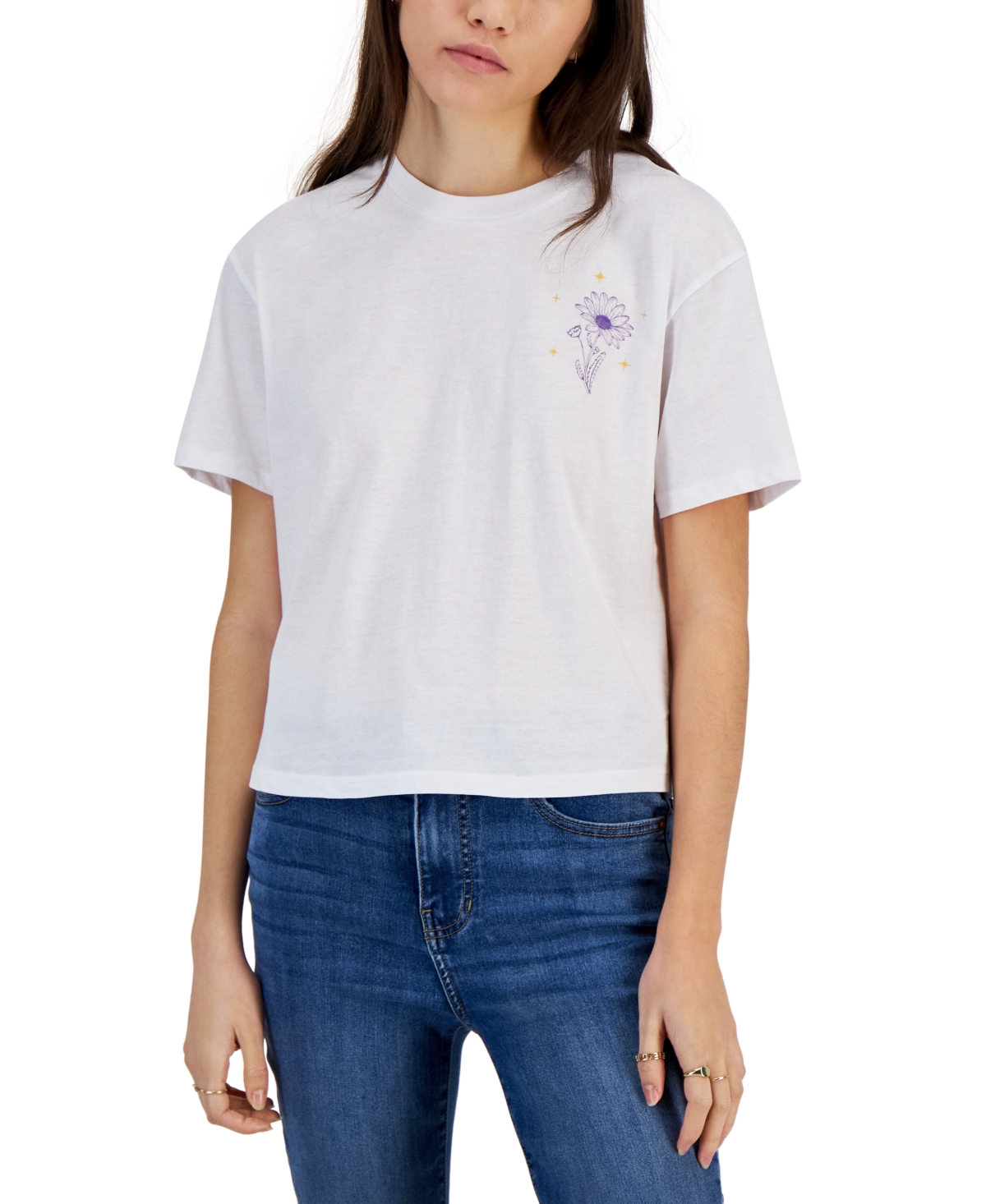 Rebellious One Juniors' Butterfly Front-and-back-graphic Cropped T-shirt In White