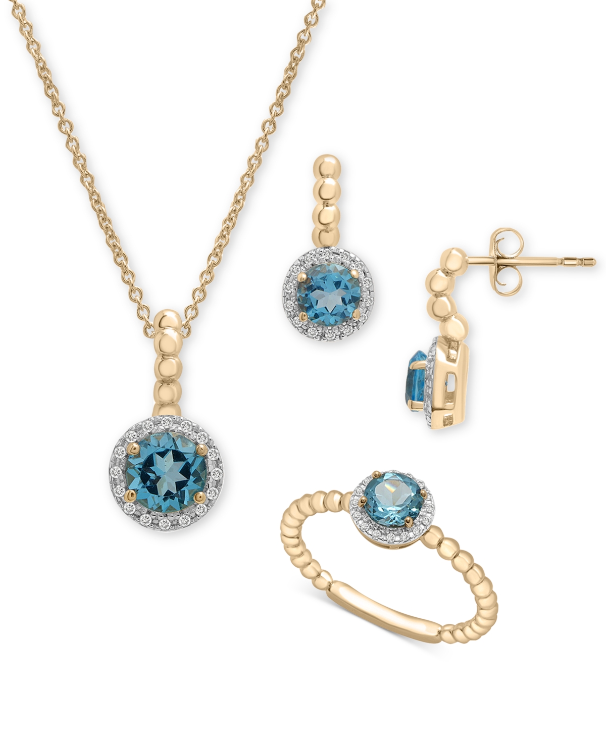 Macy's 3-pc. Set Blue Topaz (1-3/4 Ct. Tw) & Diamond Accent Pendant Necklace, Matching Ring & Drop Earrings