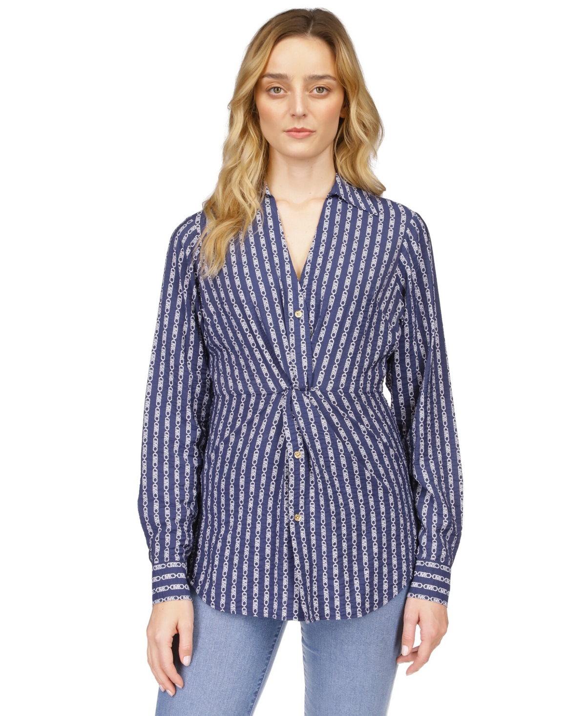 Shop Michael Kors Michael  Women's Chain-print Twist-front Shirt In Midnight Blue