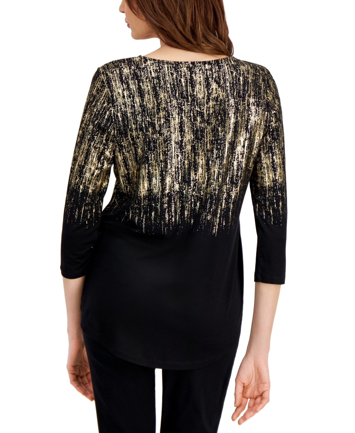 Shop Jm Collection Women's Foil-print Knit 3/4-sleeve Top, Created For Macy's In Gold