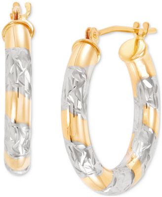 Textured Two-Tone Tube Small Hoop Earrings in 14k Gold, (3/4")