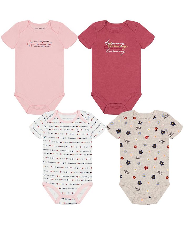 Tommy Hilfiger Baby Girls Print-Logo Short Sleeve Bodysuits, Pack
