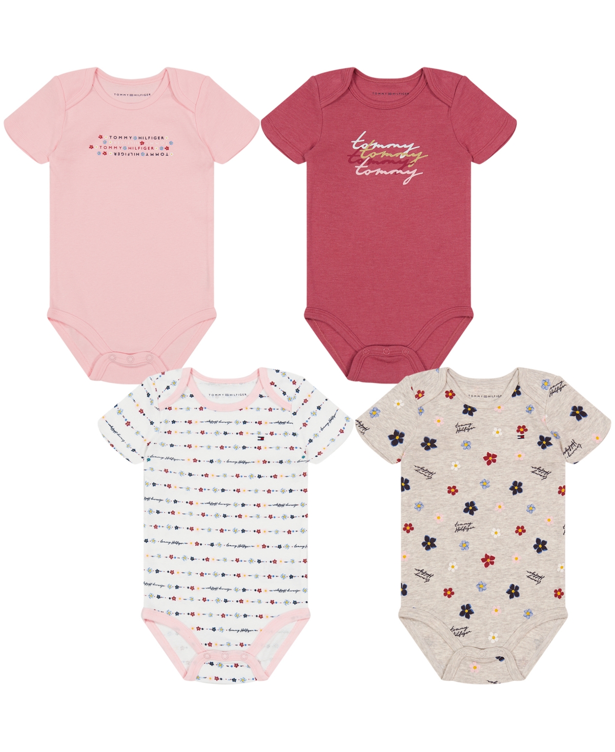 Tommy Hilfiger Baby Girls Print-logo Short Sleeve Bodysuits, Pack Of 4 In Pink