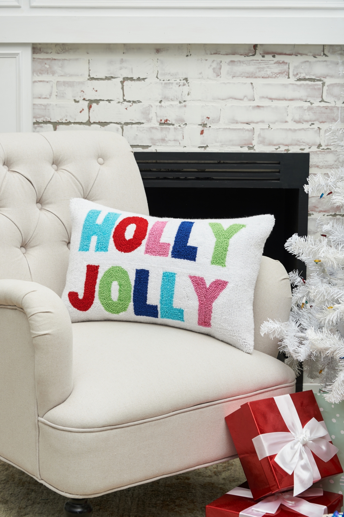 Holly Jolly Hooked Throw Pillow