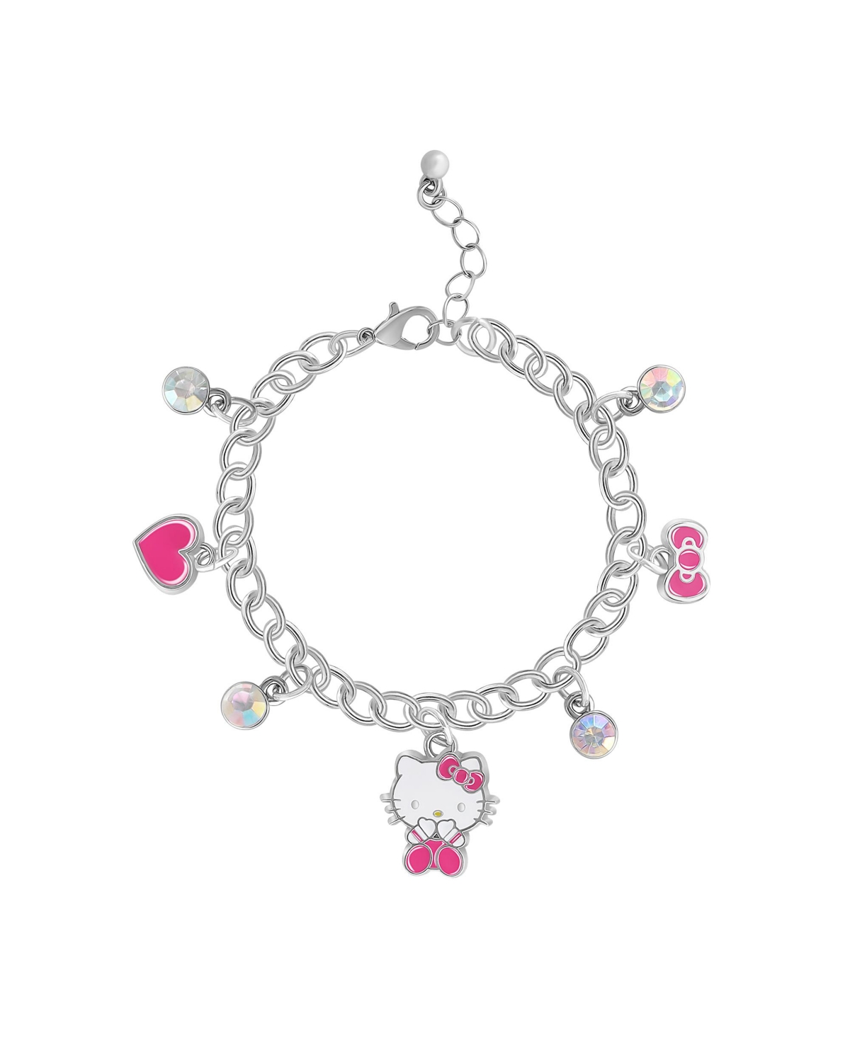 Sanrio Charm Hearts Bracelet - Officially Licensed, 6.5 + 1'' Chain - Silver tone, pink