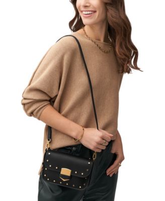 Fossil Women's Lennox Flap Crossbody Bag – Small Black With Studs, Adjustable Strap, Multiple Pockets