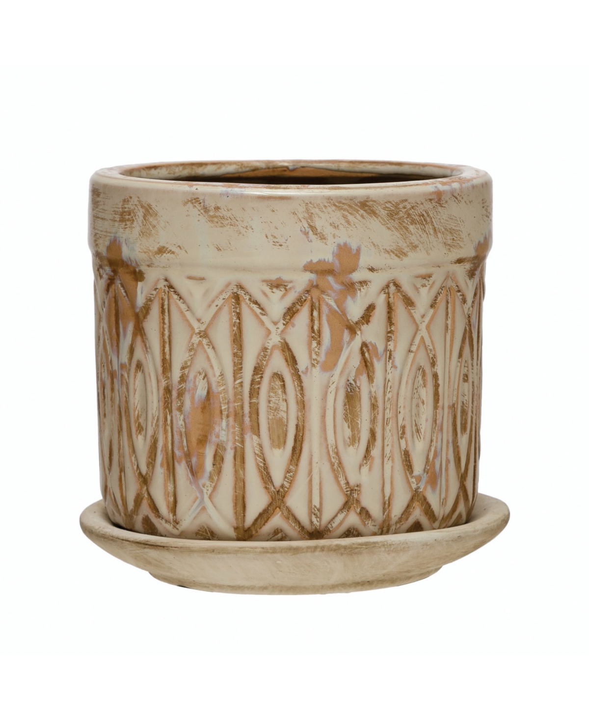 Debussed Terra-Cotta Planter with Pattern and Saucer - Greige