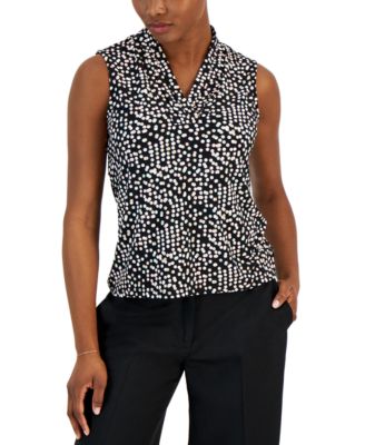 Anne Klein - Petite Printed Pleated-Neck Sleeveless Top