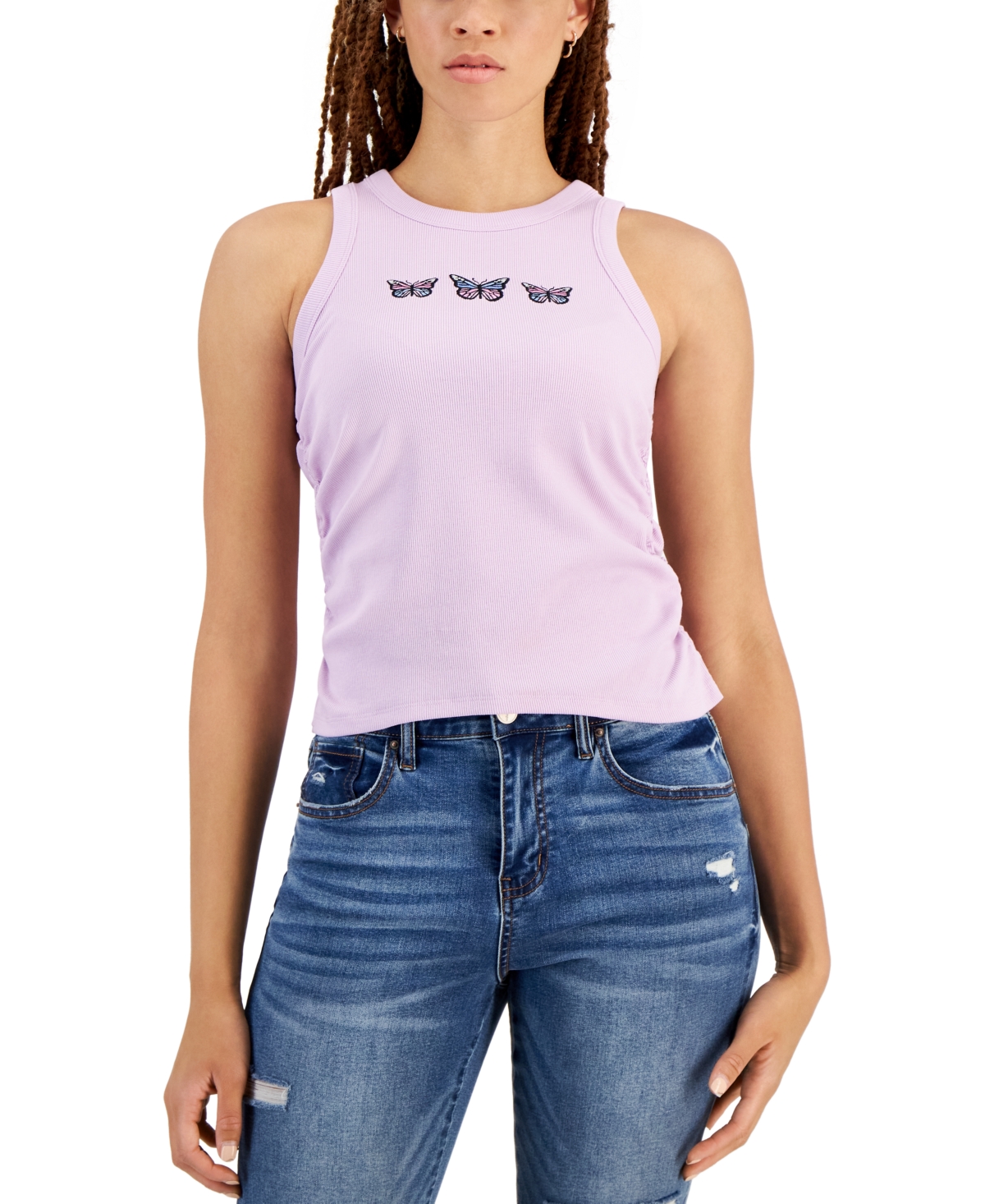 Juniors' Embroidered Ruched Tank Top - Orchid Bloom