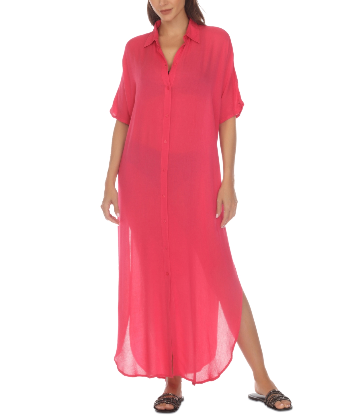Women's Button-Down Maxi Dress Cover-Up - Raspberry