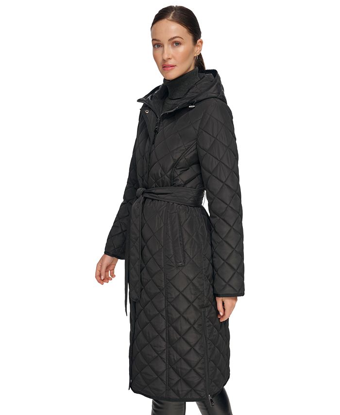 DKNY Women's Hooded Belted Quilted Coat - Macy's