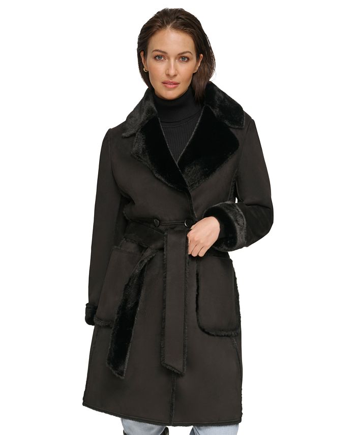 DKNY Women's Belted Notched-Collar Faux-Shearling Coat, Created for ...