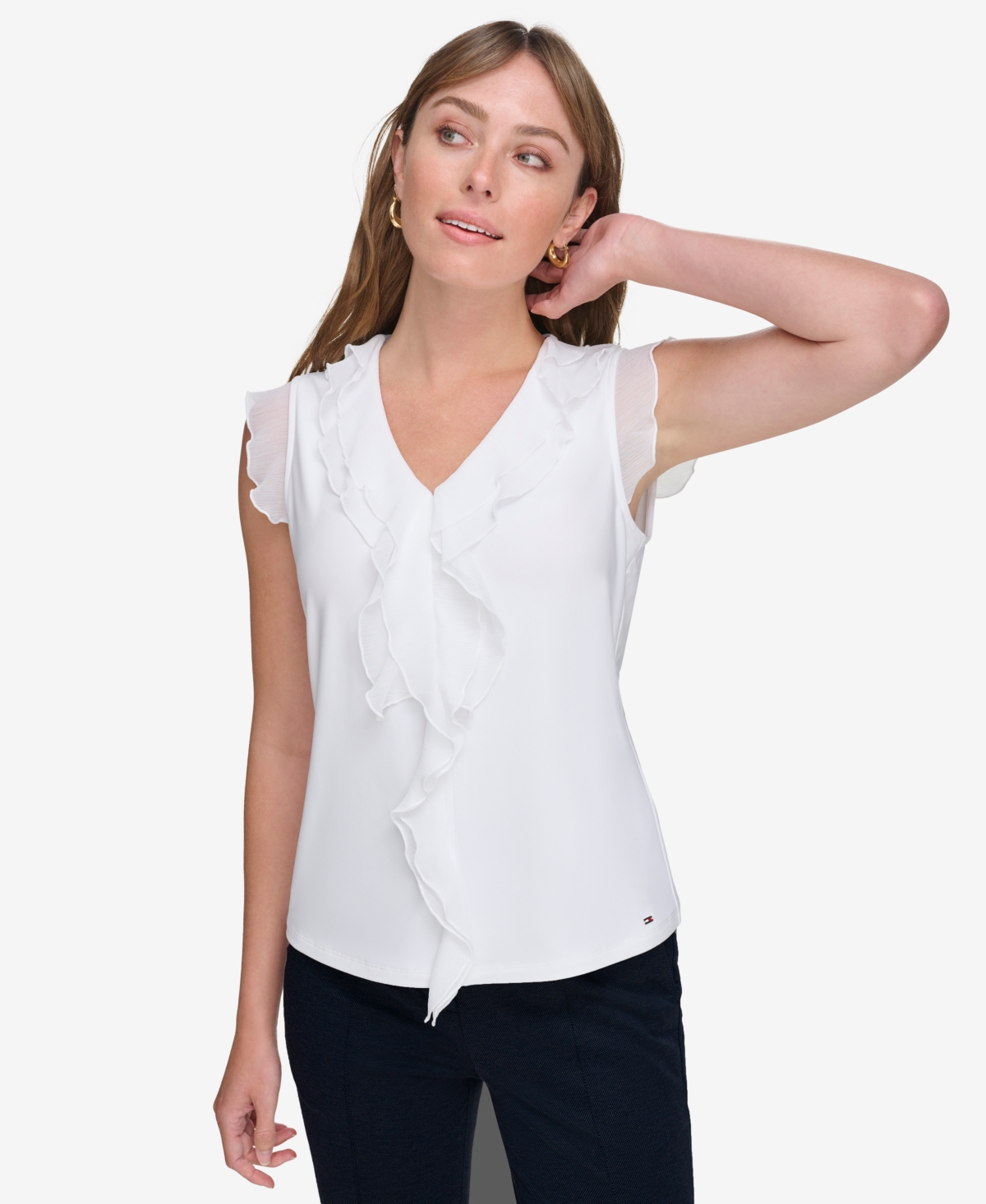 Shop Tommy Hilfiger Women's Ruffled Mixed-media Top In Ivory