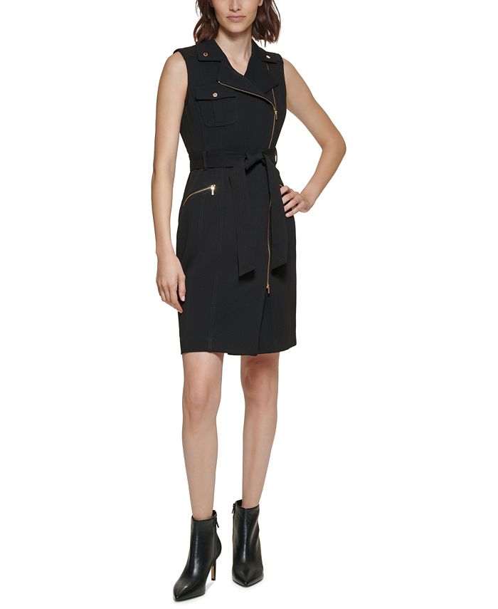 Calvin Klein Women's Moto Belted Sleeveless Sheath Dress - Macy's