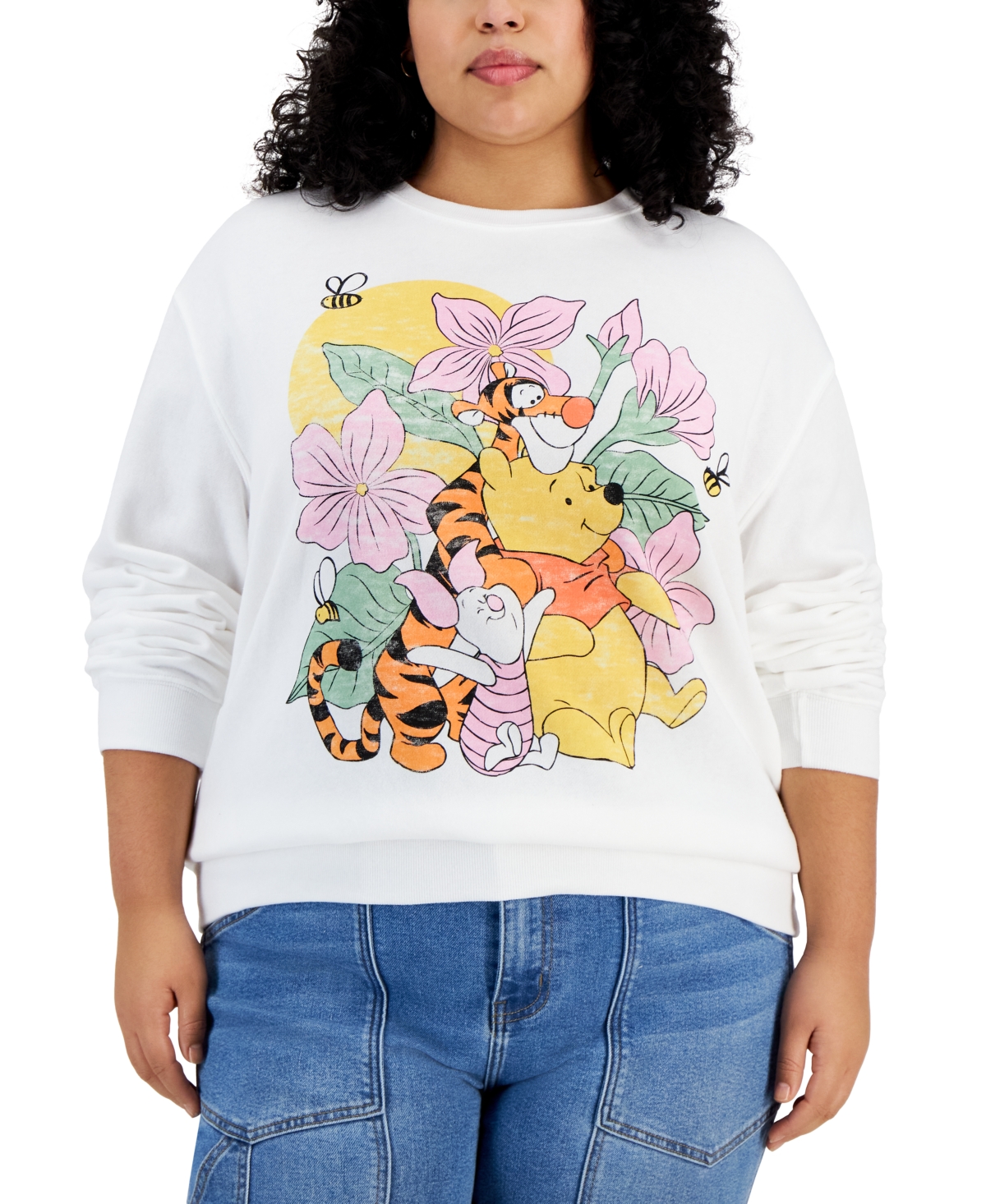 Disney Trendy Plus Size Floral Pooh Graphic Sweatshirt In White