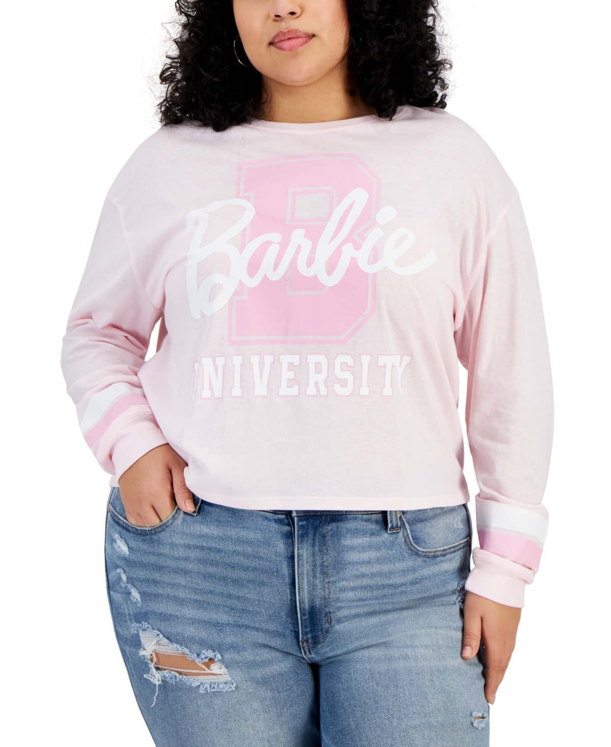 Trendy Plus Size Long-Sleeve Barbie University Tee - Festival Bloom
