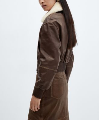 MANGO Women's Shearling Collar Leather Bomber Jacket