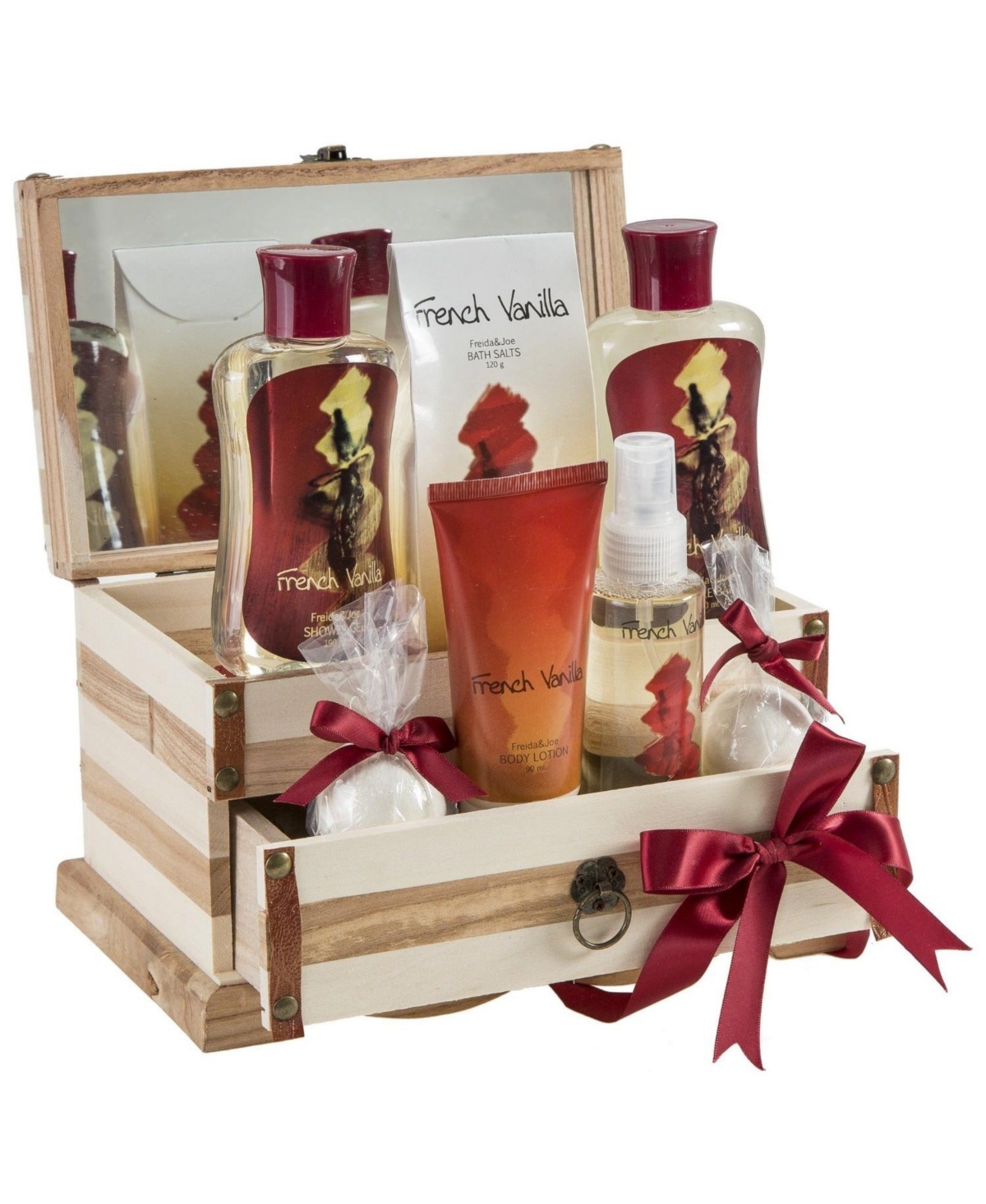 French Vanilla Fragrance Spa & Skin Care Set in a Wooden Jewelry Box Luxury Body Care Mothers Day Gifts for Mom - Red