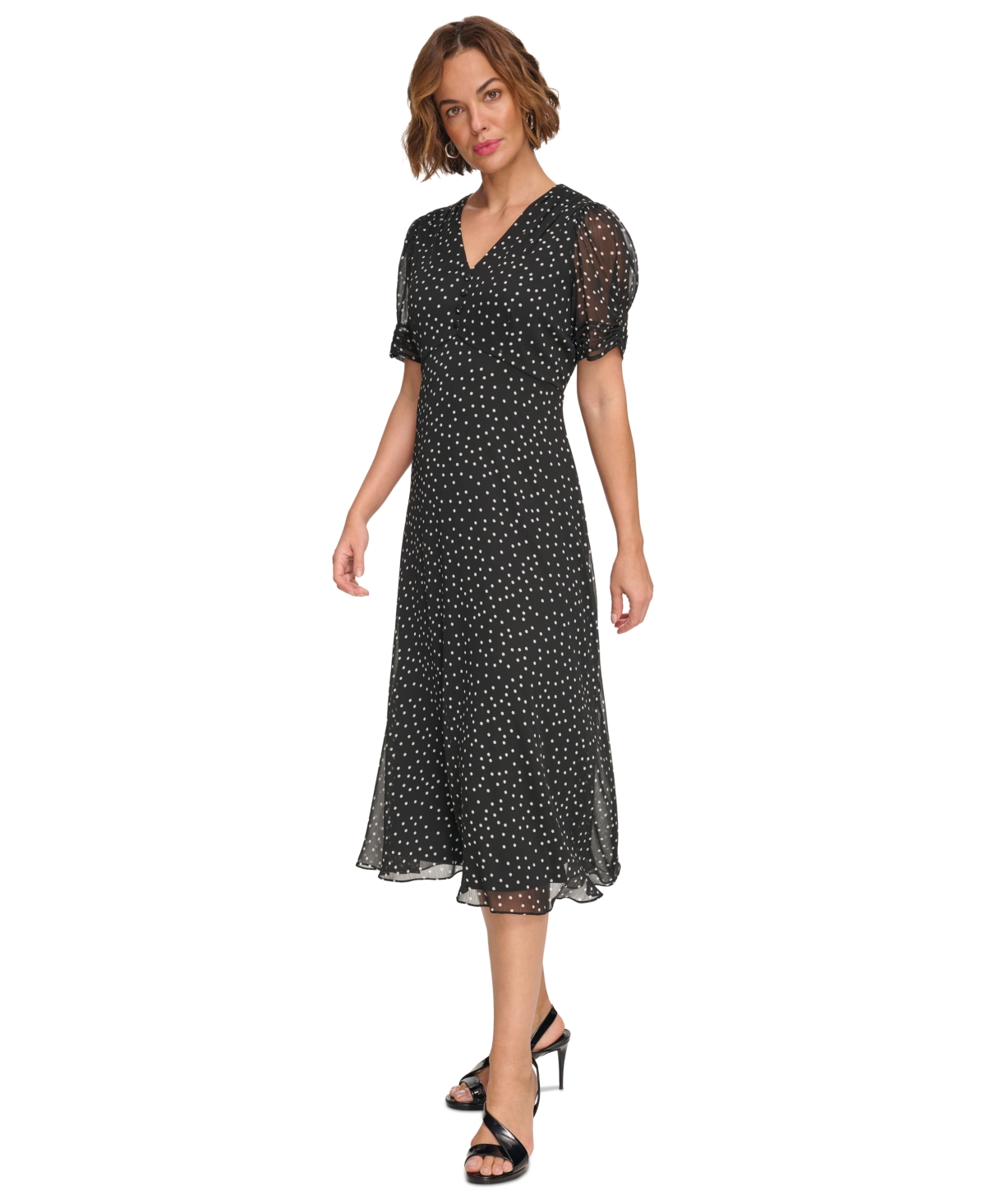 Shop Dkny Women's Polka-dot V-neck Button-trim Midi Dress In Black,ivory