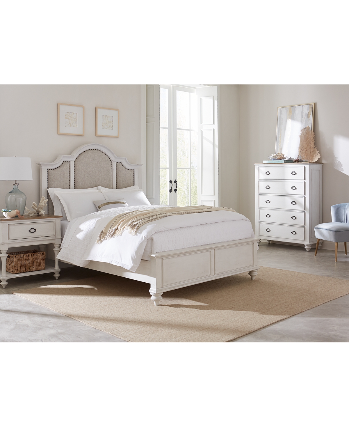 Mandeville 3pc Bedroom Set (Upholstered California King Bed + Drawer Chest + 1-Drawer Nightstand) - White