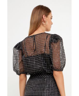 Women's Sequins Mesh Grid Top