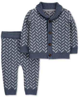 Carter's Carters Baby Boys Herringbone Shawl Collar Cardigan Sweater Knit Pants In Blue