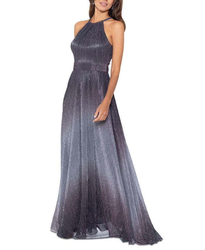 Betsy & Adam Petite Halter-neck Sleeveless A-line Gown in Blue
