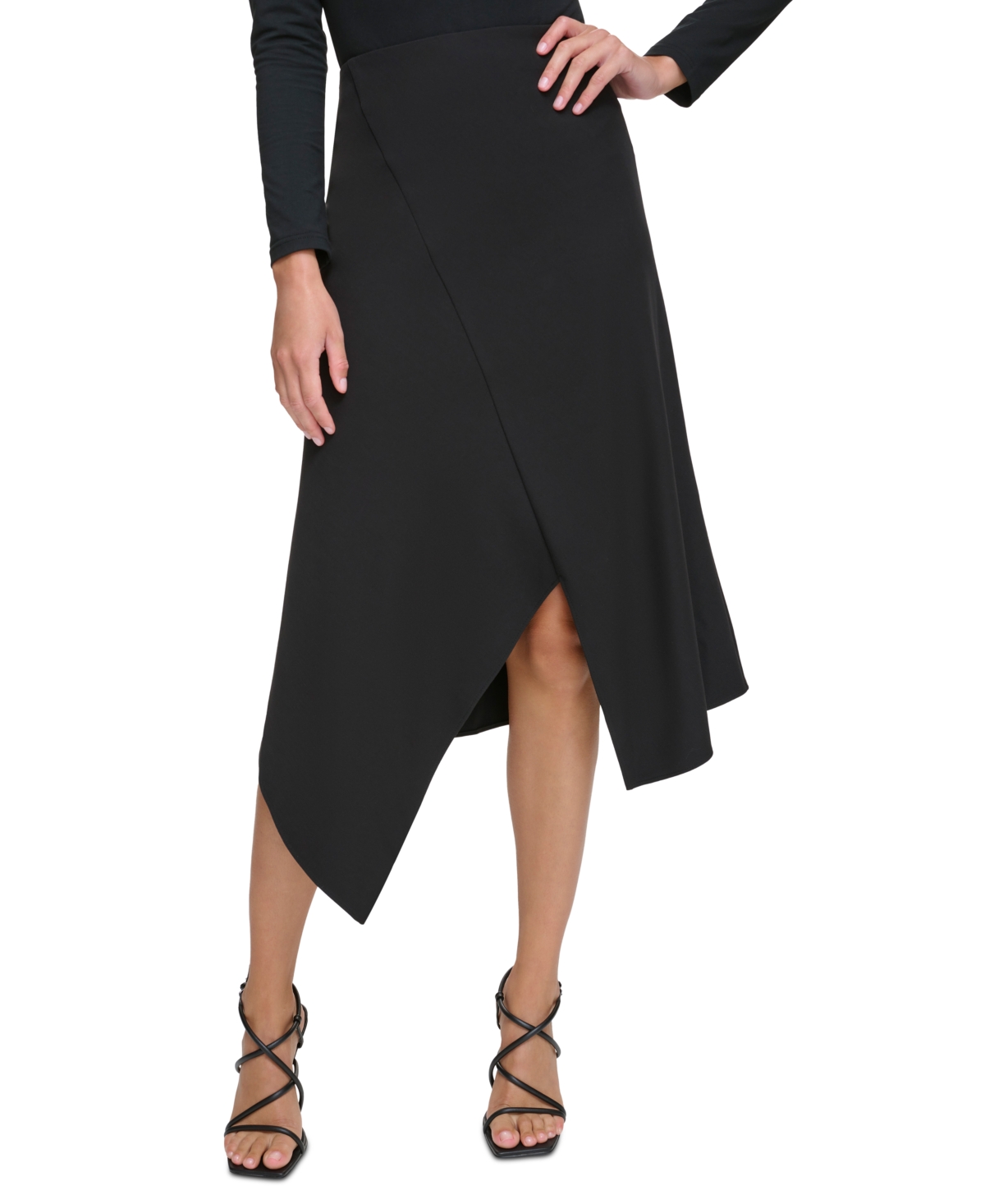 Petite Asymmetrical-Hem Midi Skirt - Black