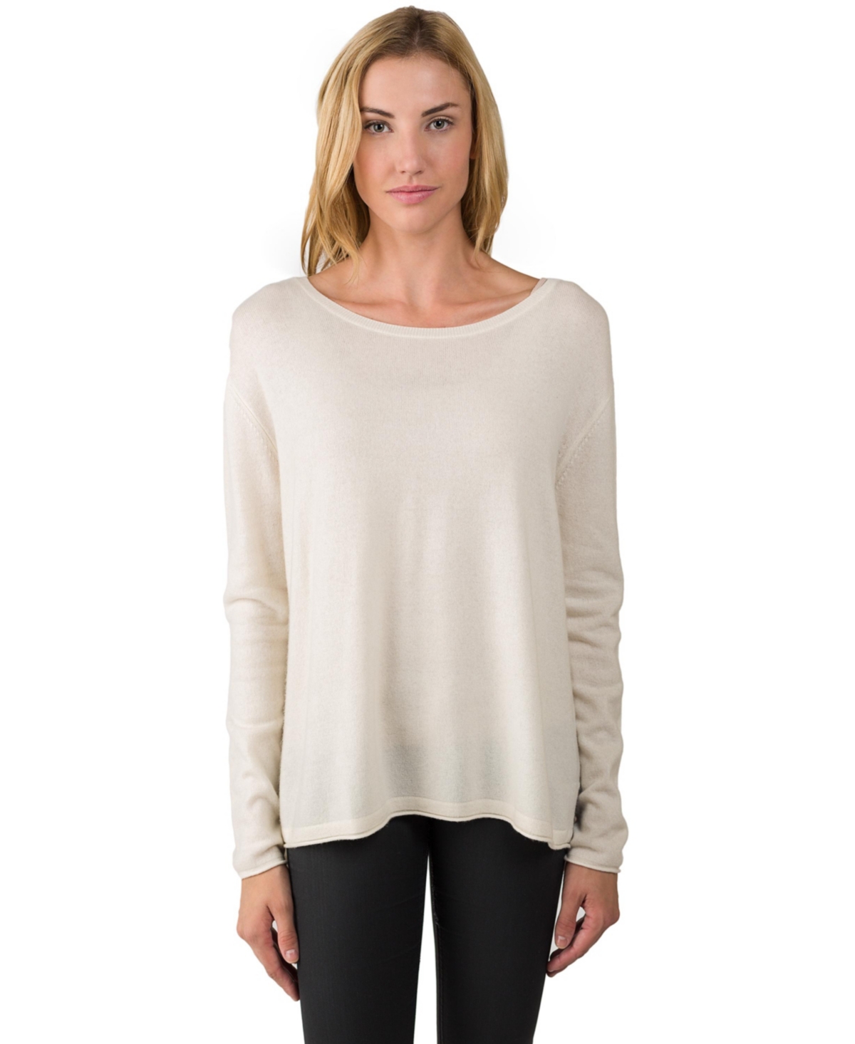 Women's J Cashmere 100% Cashmere Dolman Sleeve Pullover High Low Sweater - Cream