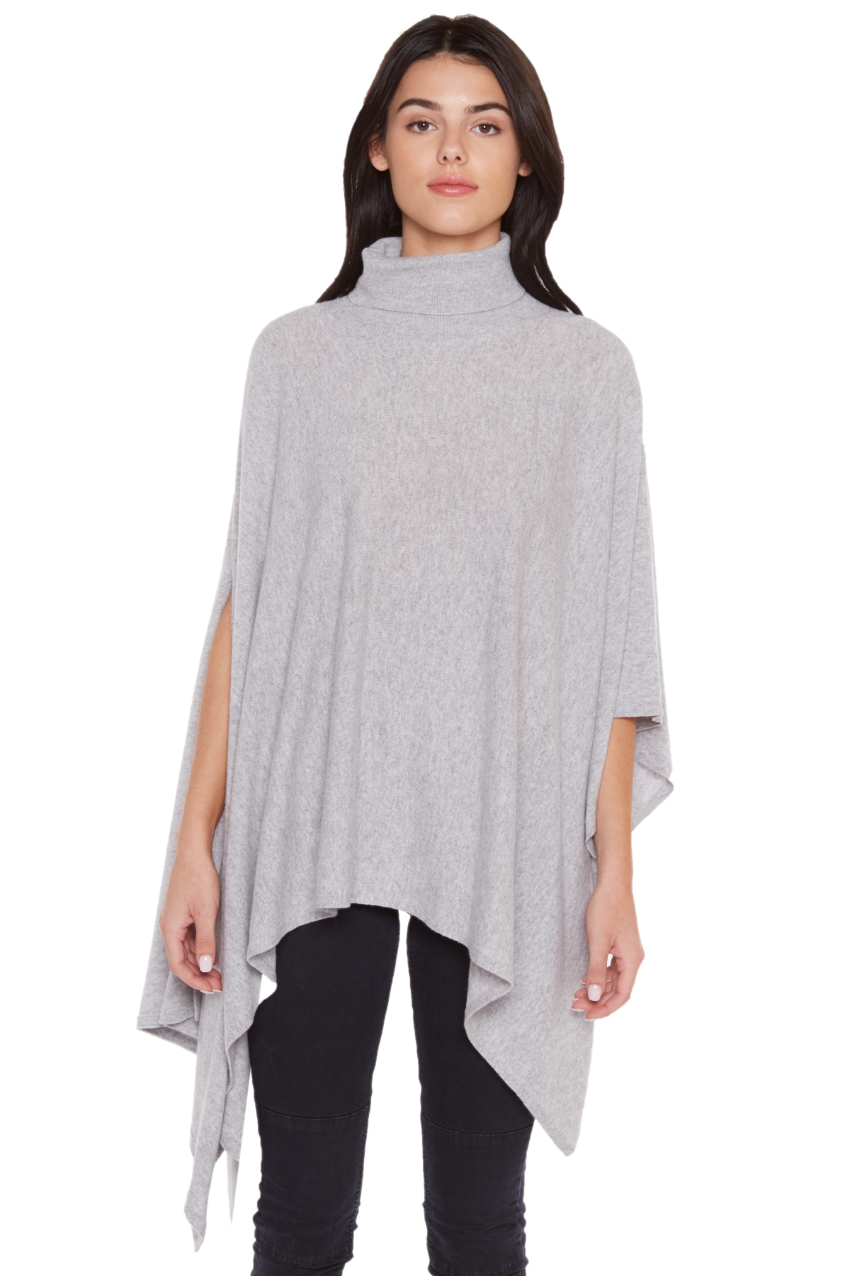 Women's 100% Pure Cashmere Turtle-Neck Asymmetric Poncho Sweater - Grey