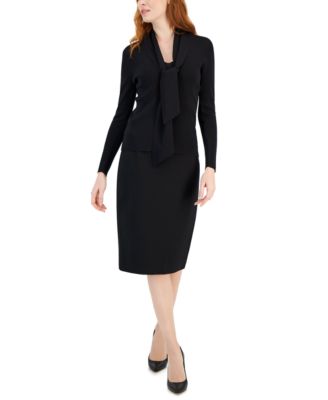 Anne Klein Womens Ribbed V Neck Sweater Pull On Pencil Skirt In Anne Black
