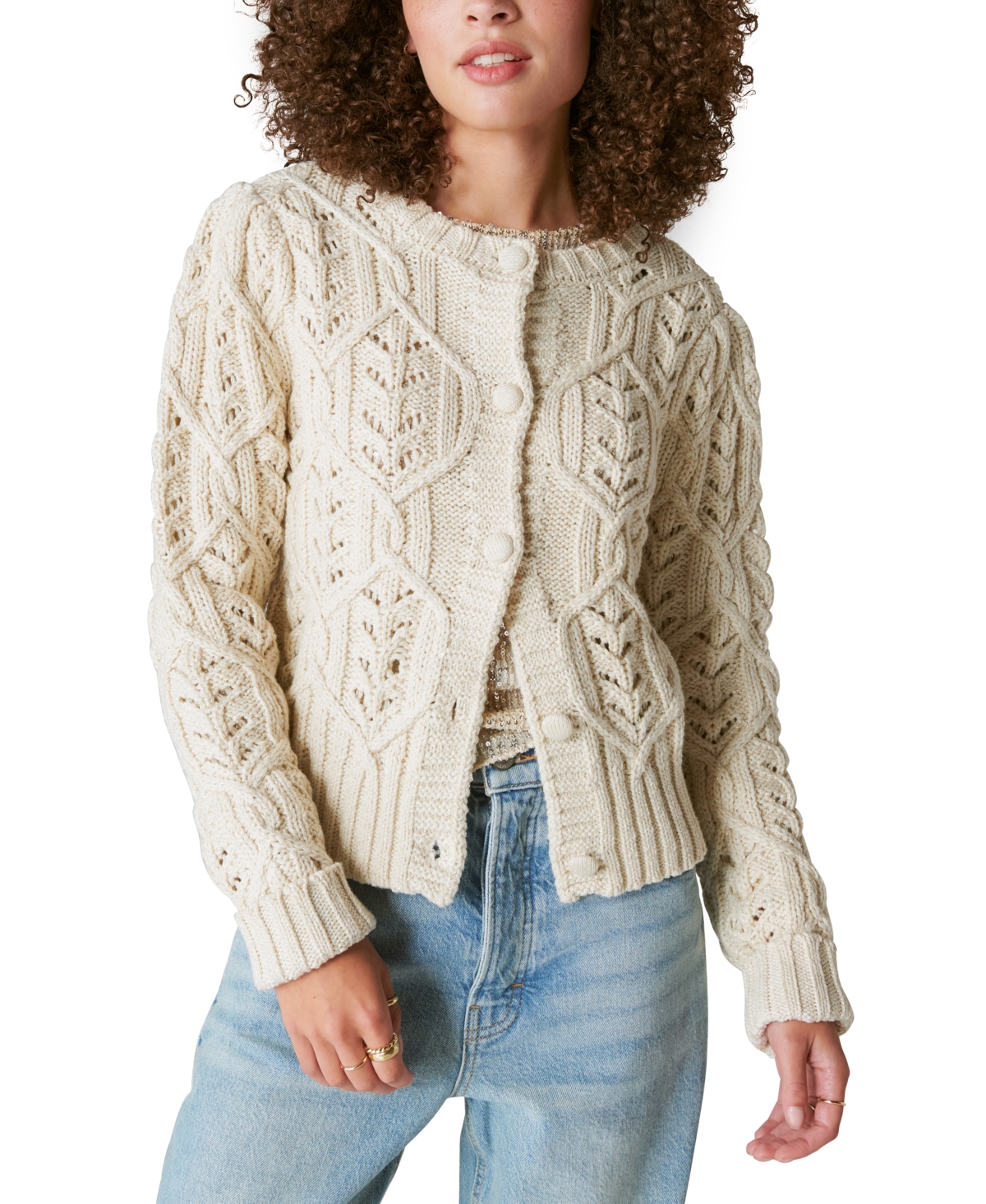 Shop Lucky Brand Women's Shine Cable-knit Button-front Cardigan In Whisper White