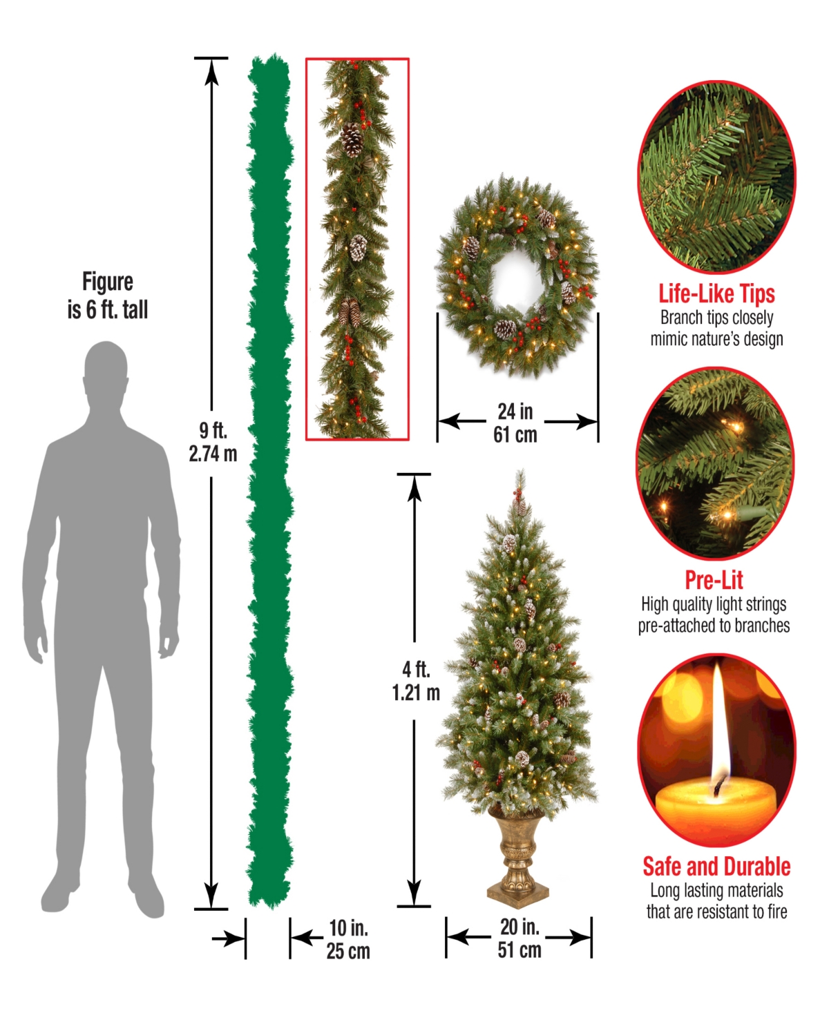 National Tree Company Frosted Berry Assortment- 2x Entrance Trees with Clear Lights + Wreath with Warm White Battery Operated Lights w/Timer +